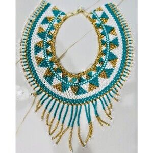 Hand Beaded Collar Bib Necklace Glass Beads Turquoise Blue Gold & White